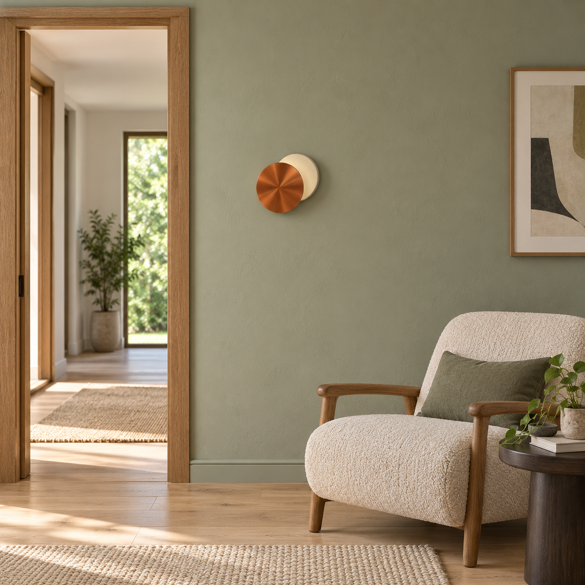 Copper eclipse wall light switched off on a green wall above an armchair in a sunlit living area.