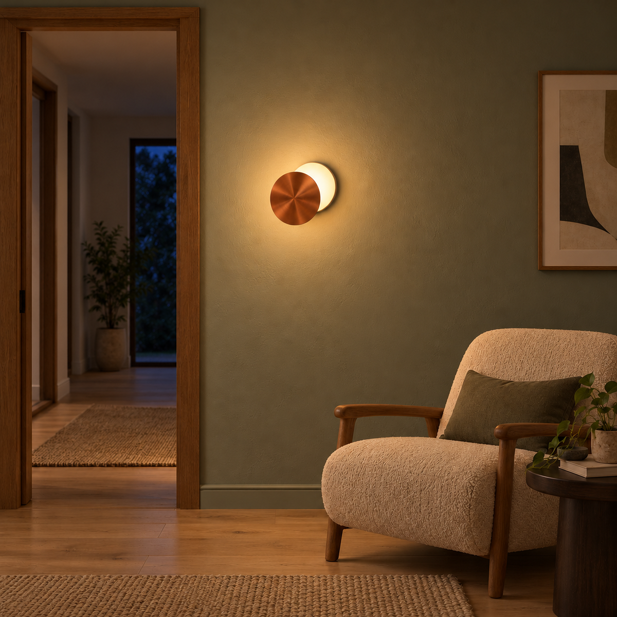 Copper eclipse wall light glowing warm white on a green wall above an armchair at night.