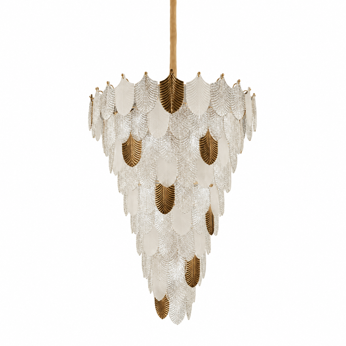 TMA029 Gold-Tone Glass Leaf Chandelier shown unlit against a studio background.