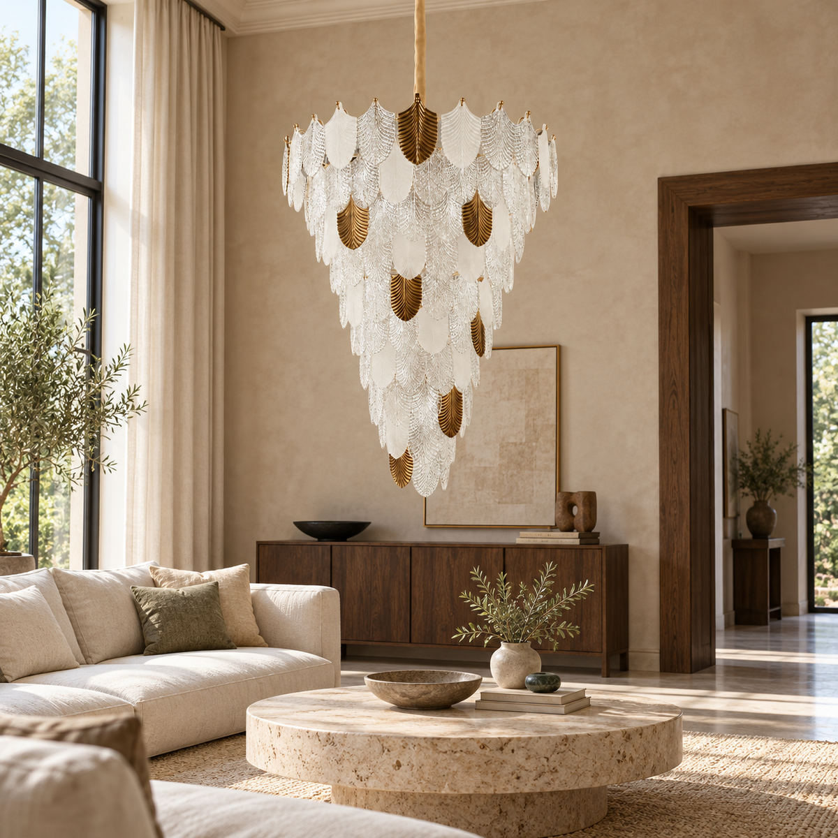 TMA029 Gold-Tone Glass Leaf Chandelier shown unlit in a daylight interior.