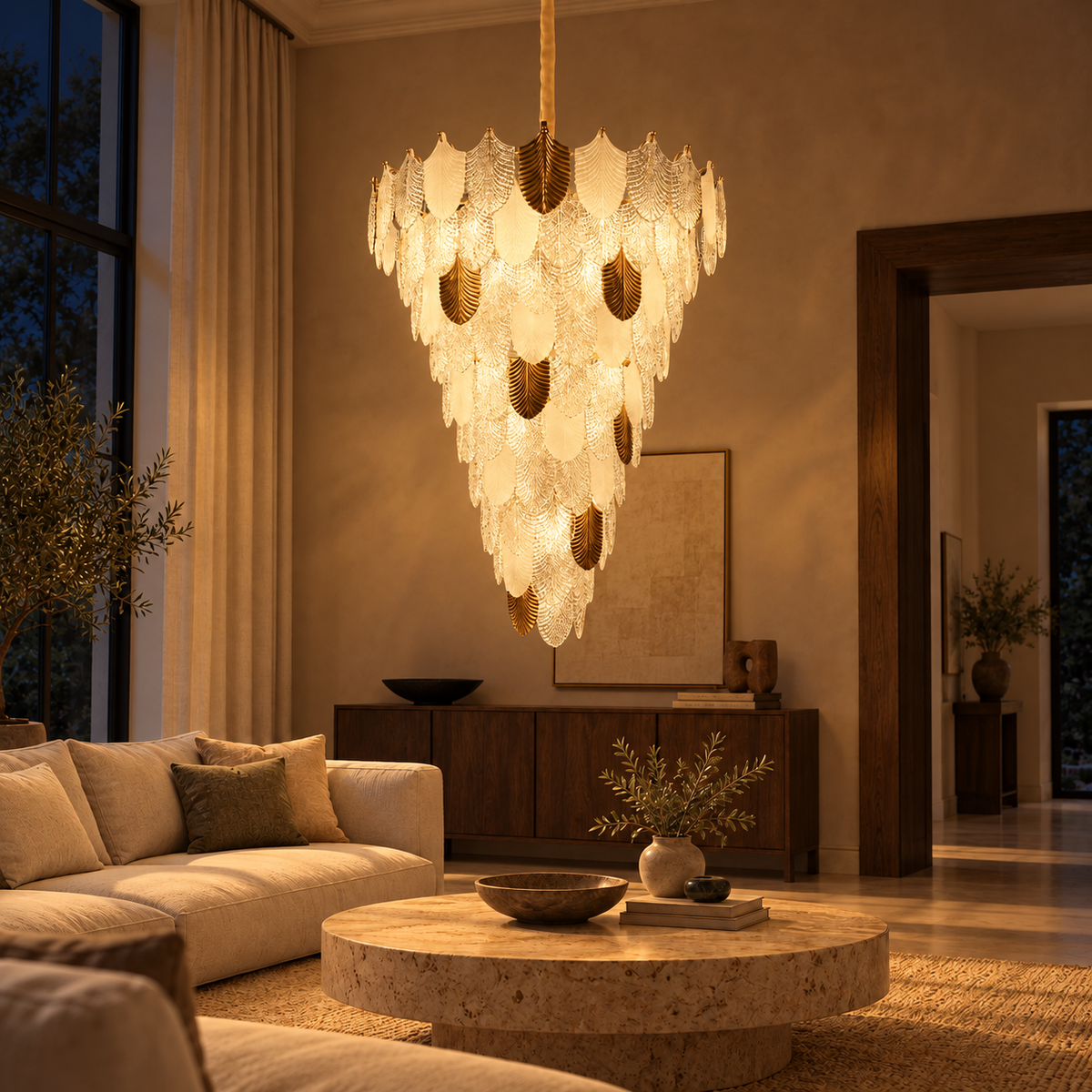TMA029 Gold-Tone Glass Leaf Chandelier illuminated in the matching evening interior.