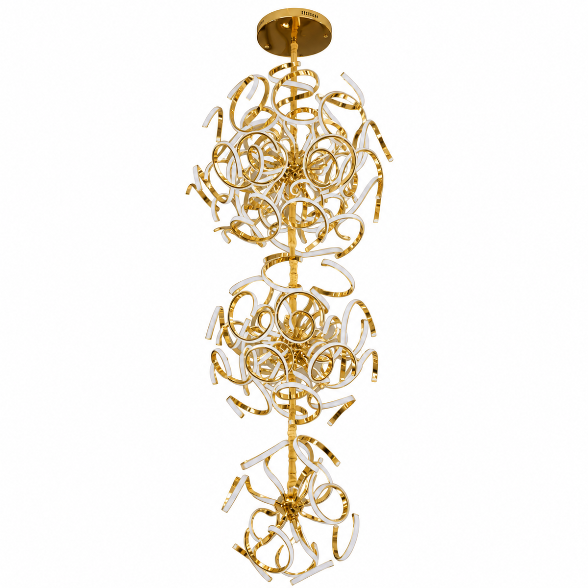TMA1839 Gold Three-Cluster Ribbon Chandelier shown unlit against a studio background.
