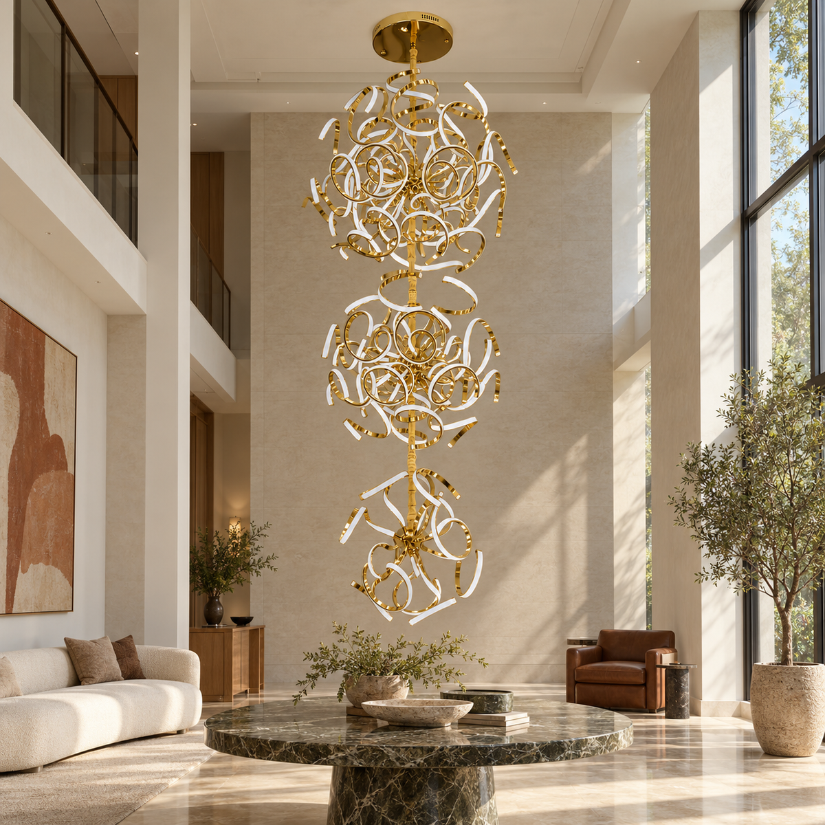 TMA1839 Gold Three-Cluster Ribbon Chandelier shown unlit in a daylight interior.