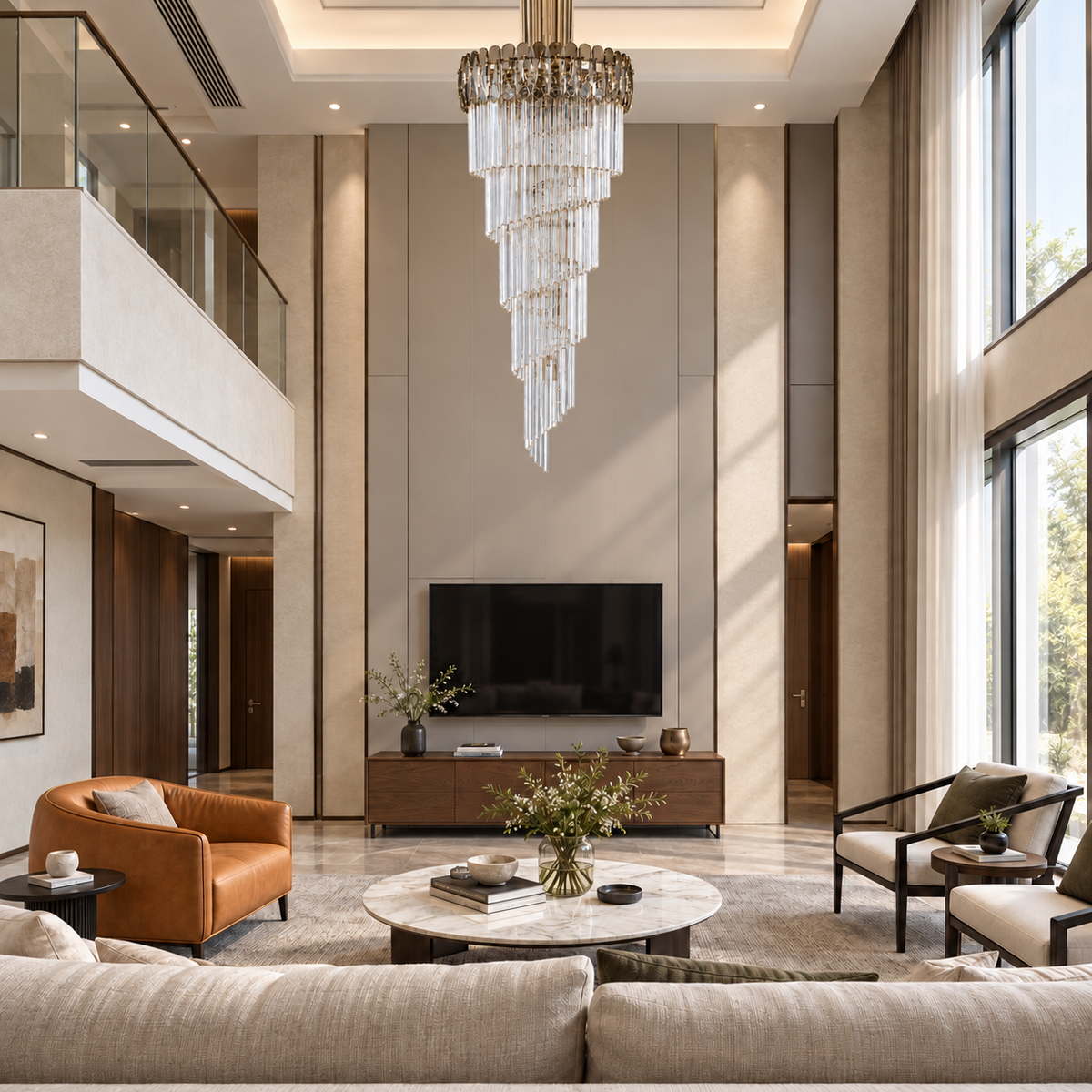 TMAB061--700XH2100 gold-tone spiral rod chandelier in a daylight interior.