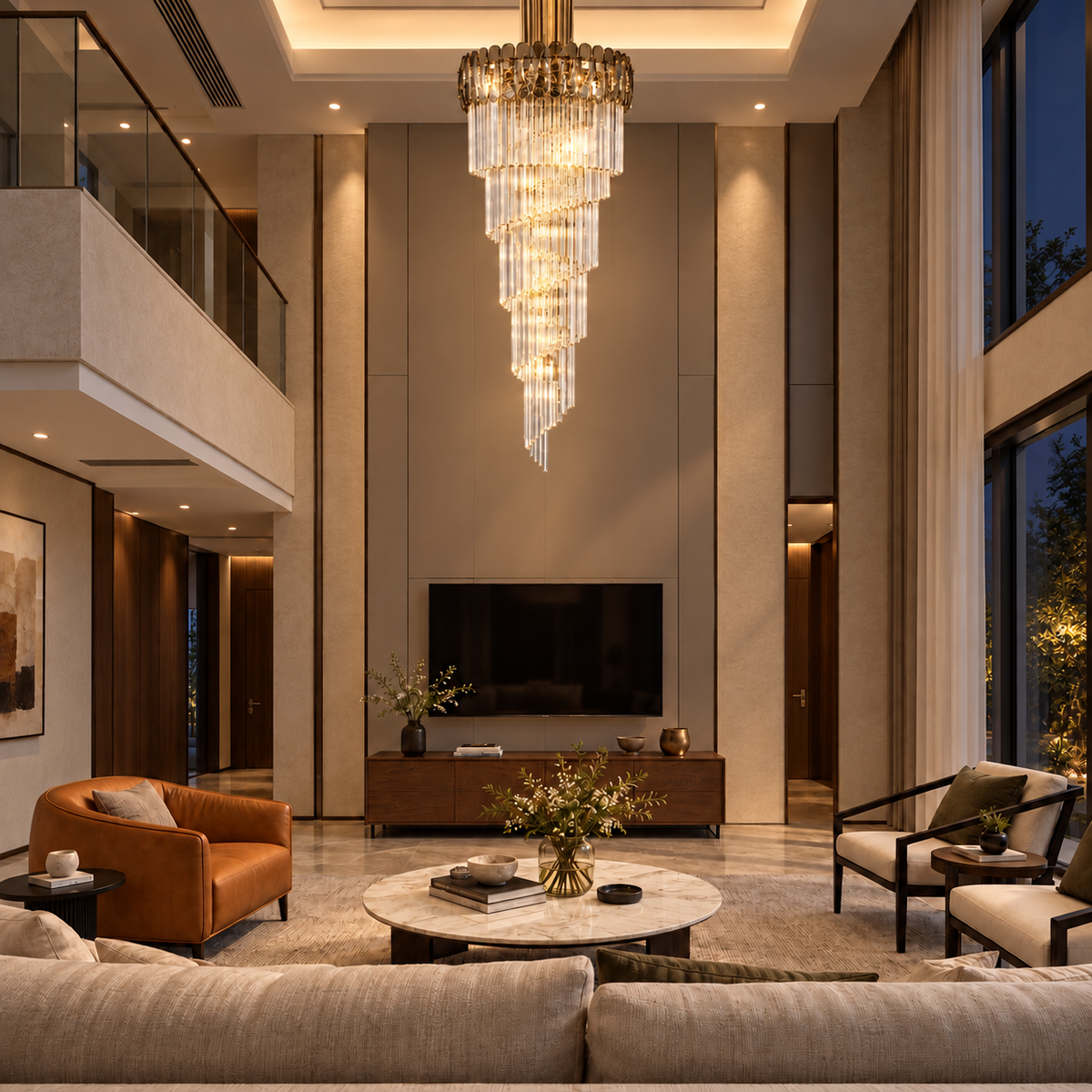 TMAB061--700XH2100 gold-tone spiral rod chandelier illuminated in a night interior.
