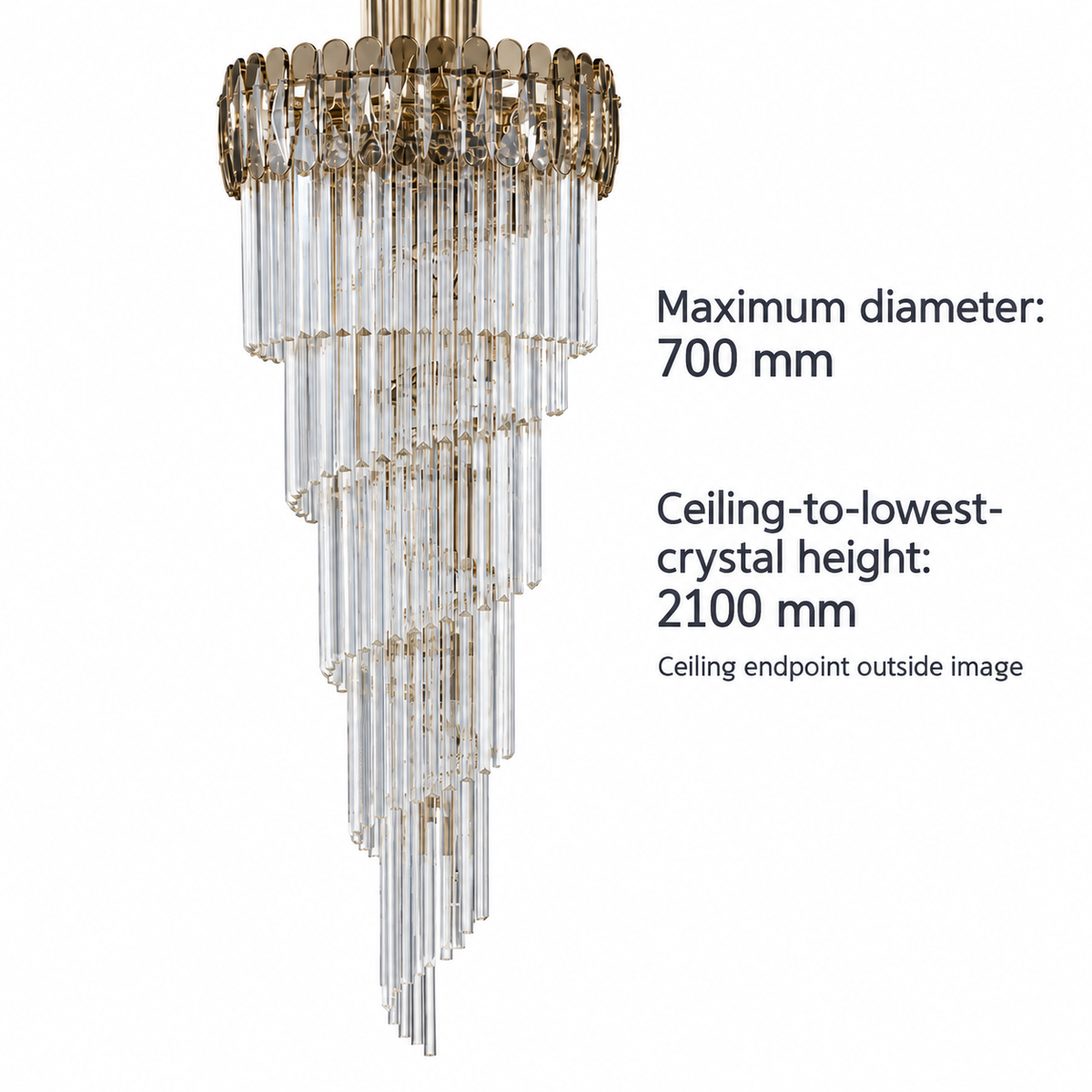 TMAB061--700XH2100 dimension view: Maximum diameter: 700 mm; Ceiling-to-lowest-crystal height: 2100 mm.