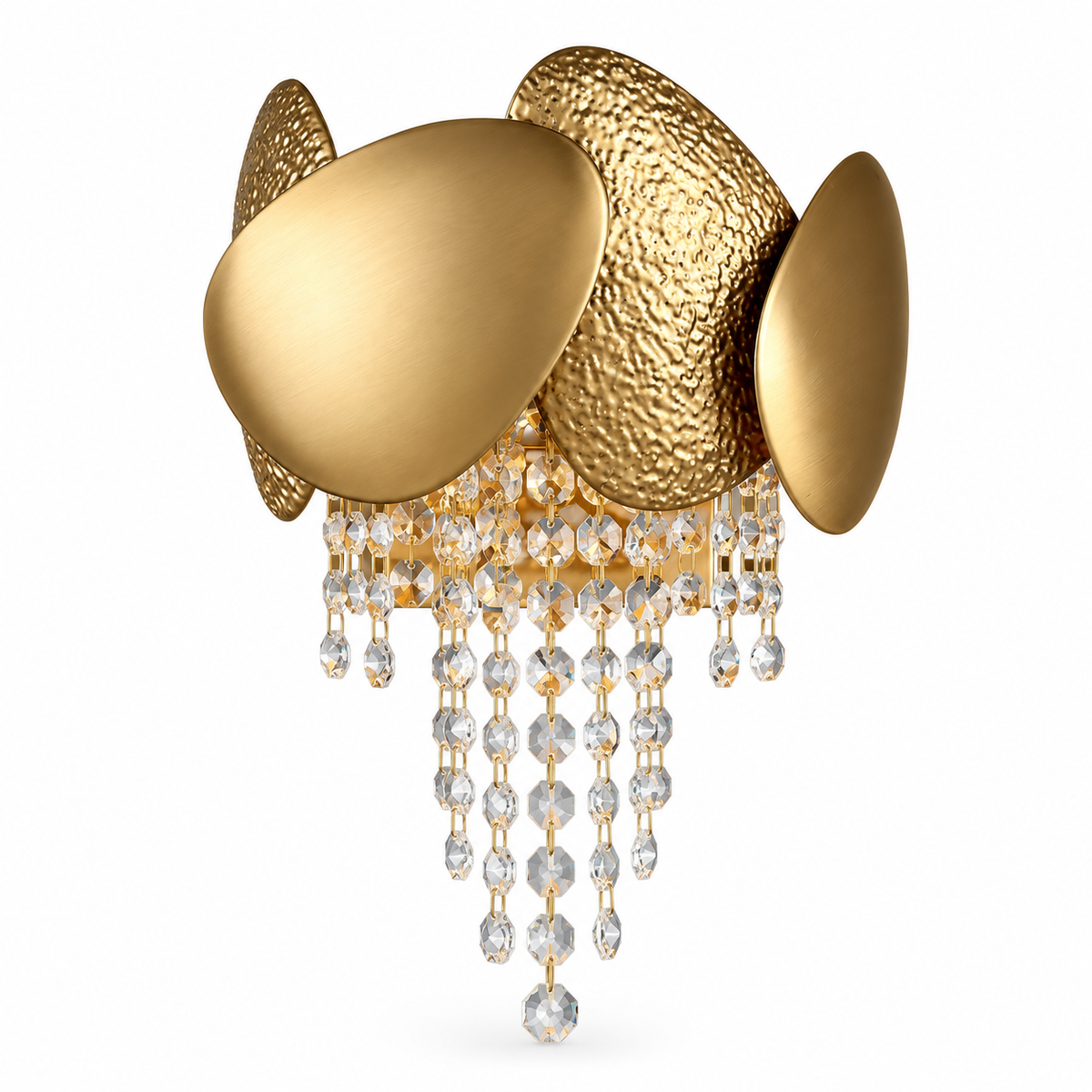 Golden Shield Cascade Wall Light with four overlapping gold-tone shields with smooth and textured surfaces above a tapered cascade of clear beads, shown switched off against a white background