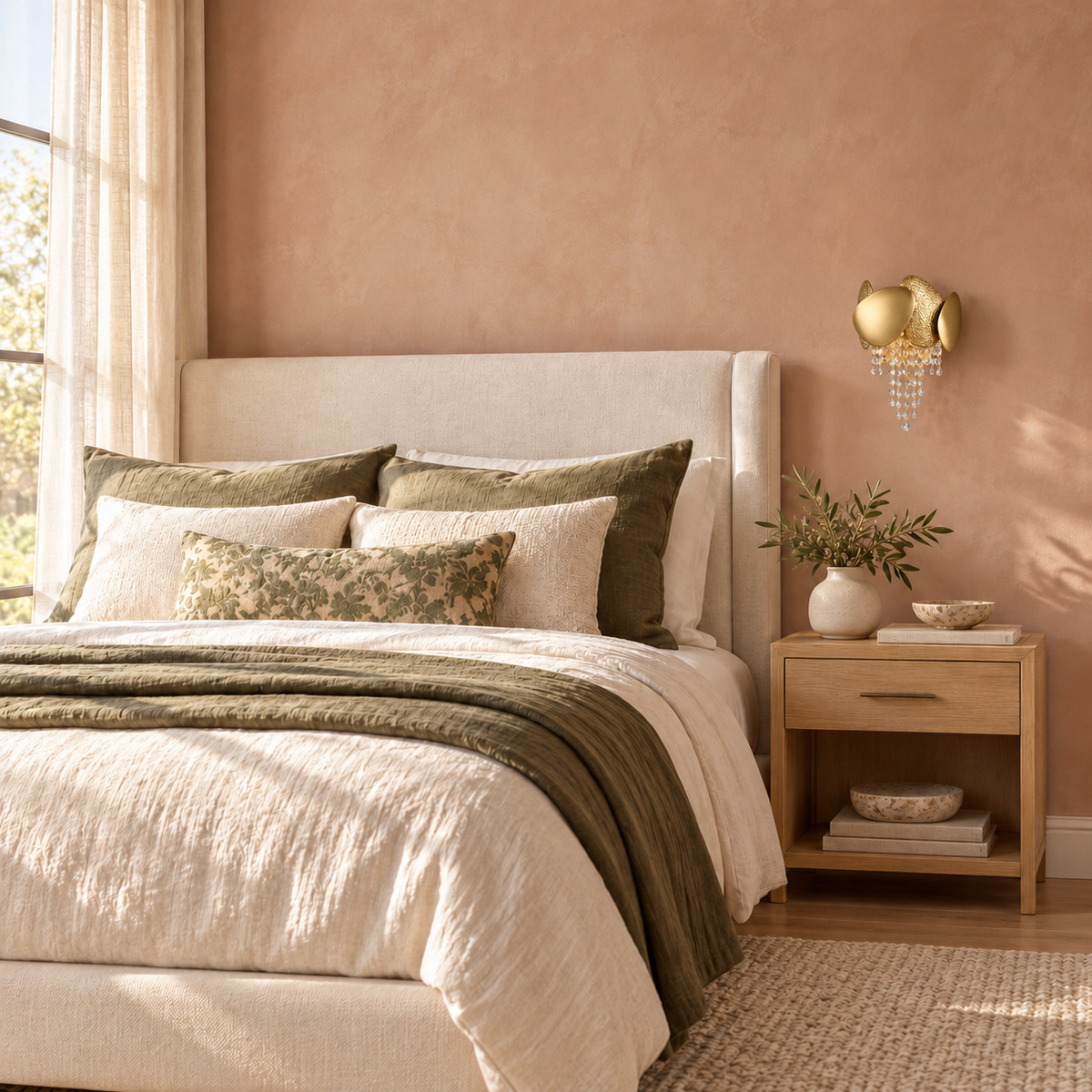 Golden Shield Cascade Wall Light switched off above a wooden bedside table on a terracotta bedroom wall in daylight