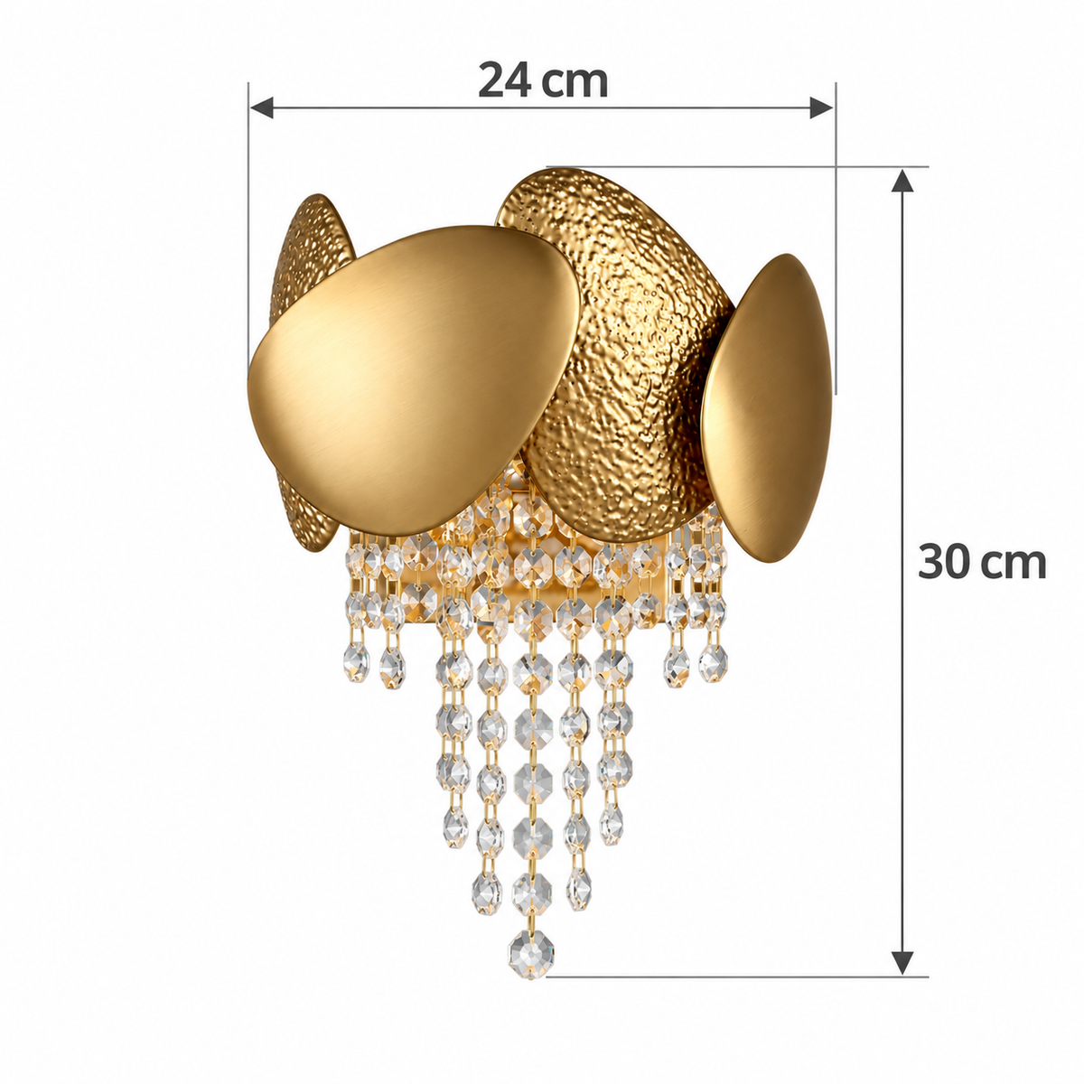 Golden Shield Cascade Wall Light dimension guide showing 24 cm across the full outer shield group and 30 cm from the highest shield to the lowest bead