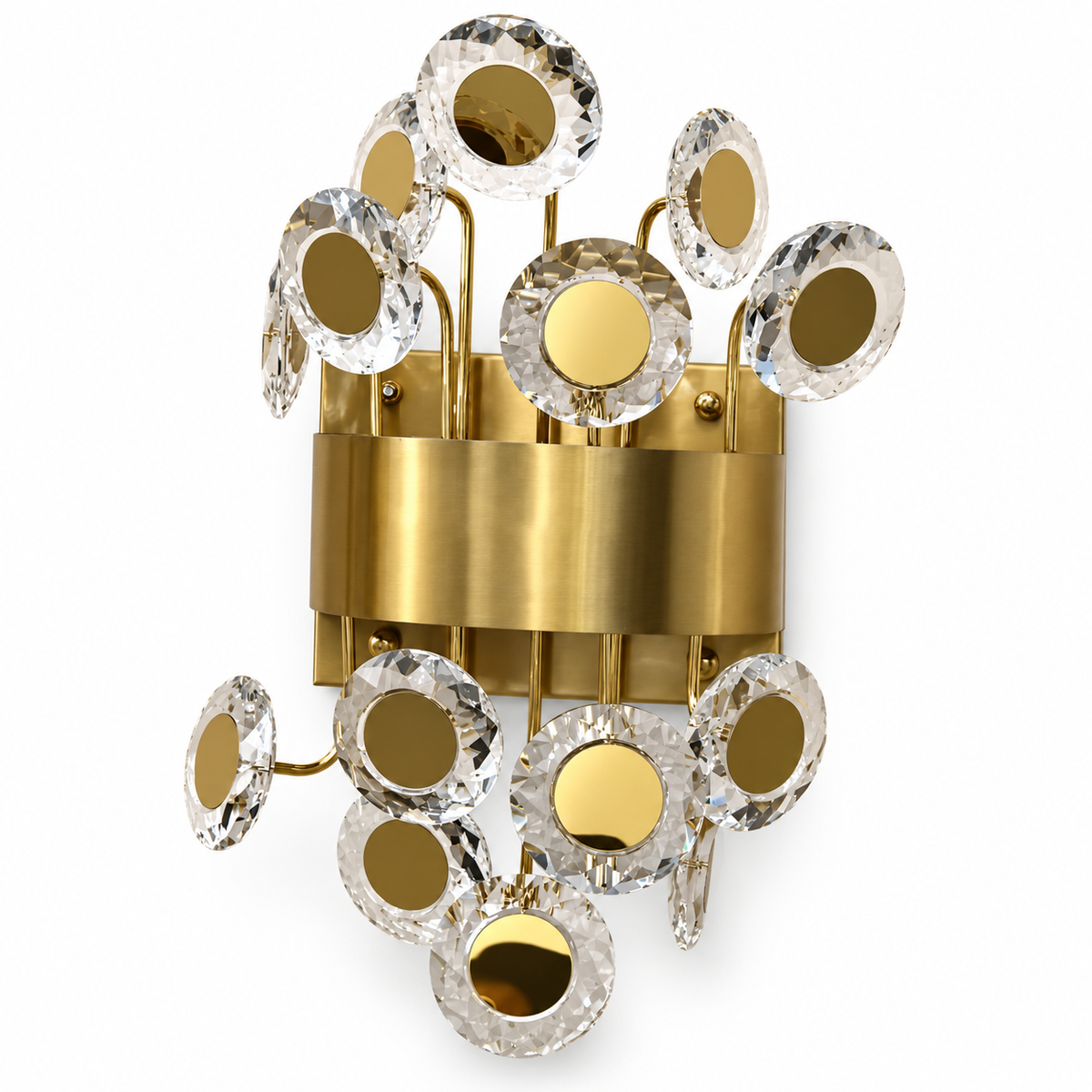 Gold wall light with clear crystal discs and a broad central band, shown unlit on a white background.