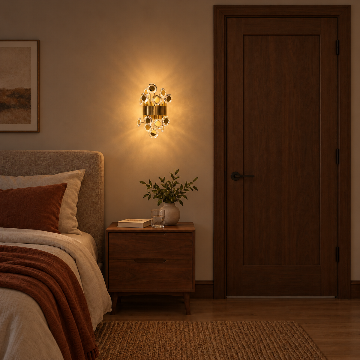Gold crystal disc wall light illuminated above a bedside table in a bedroom at night.