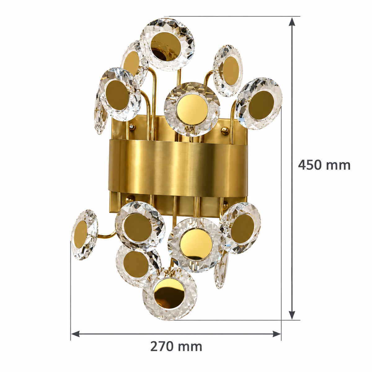 Gold crystal disc wall light dimension diagram showing 270 mm overall width and 450 mm overall height.