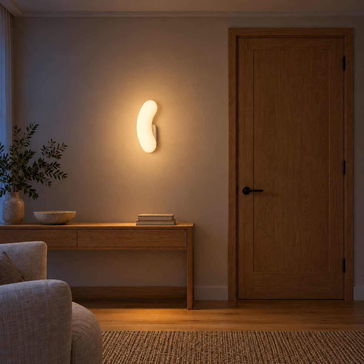 White Crescent Curve Wall Light illuminated in a night-time interior setting.