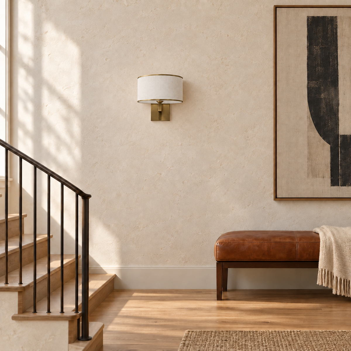 White Drum Shade Square-Backplate Wall Light on a stair-landing wall above a bench in daylight, switched off