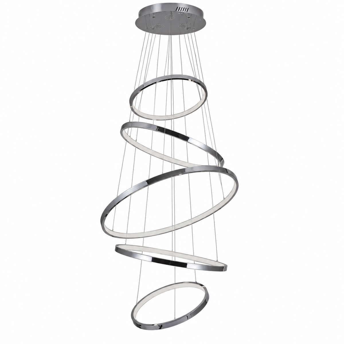 YH-IHKD5130 Chrome Five-Ring Cascade Chandelier shown unlit against a studio background.
