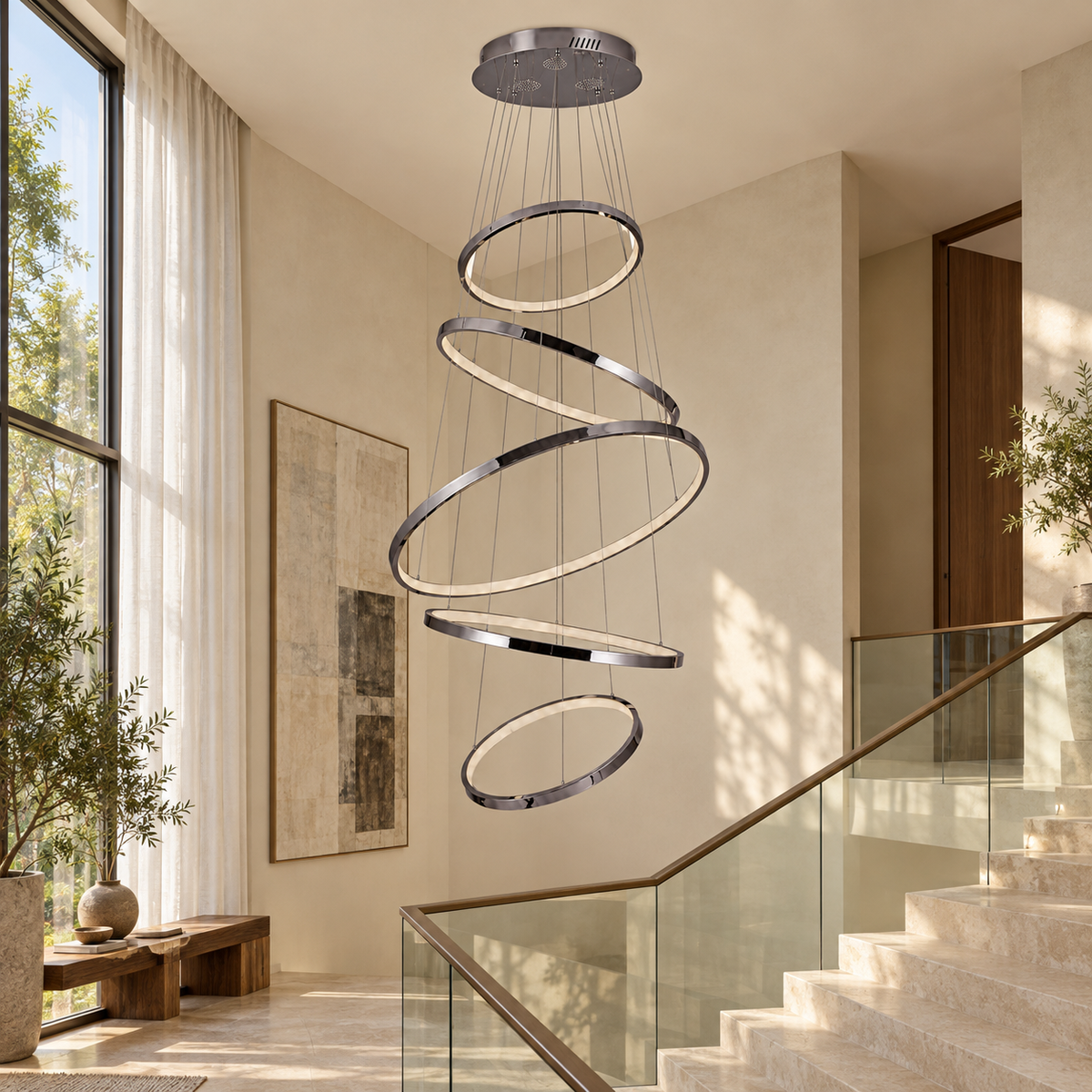 YH-IHKD5130 Chrome Five-Ring Cascade Chandelier shown unlit in a daylight interior.