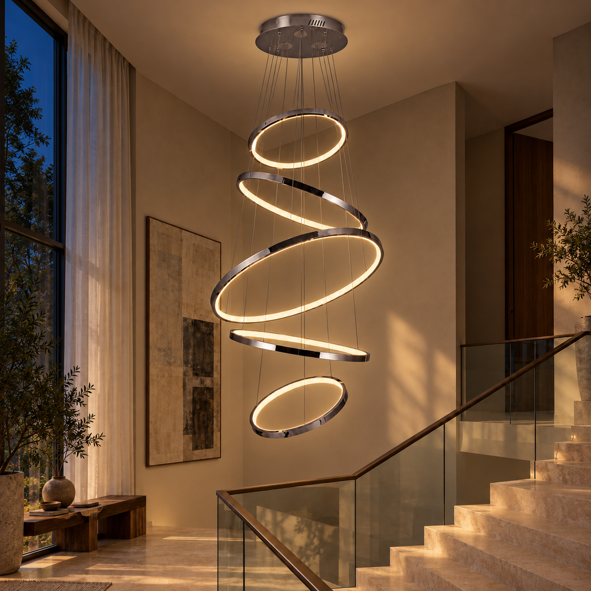 YH-IHKD5130 Chrome Five-Ring Cascade Chandelier illuminated in the matching evening interior.