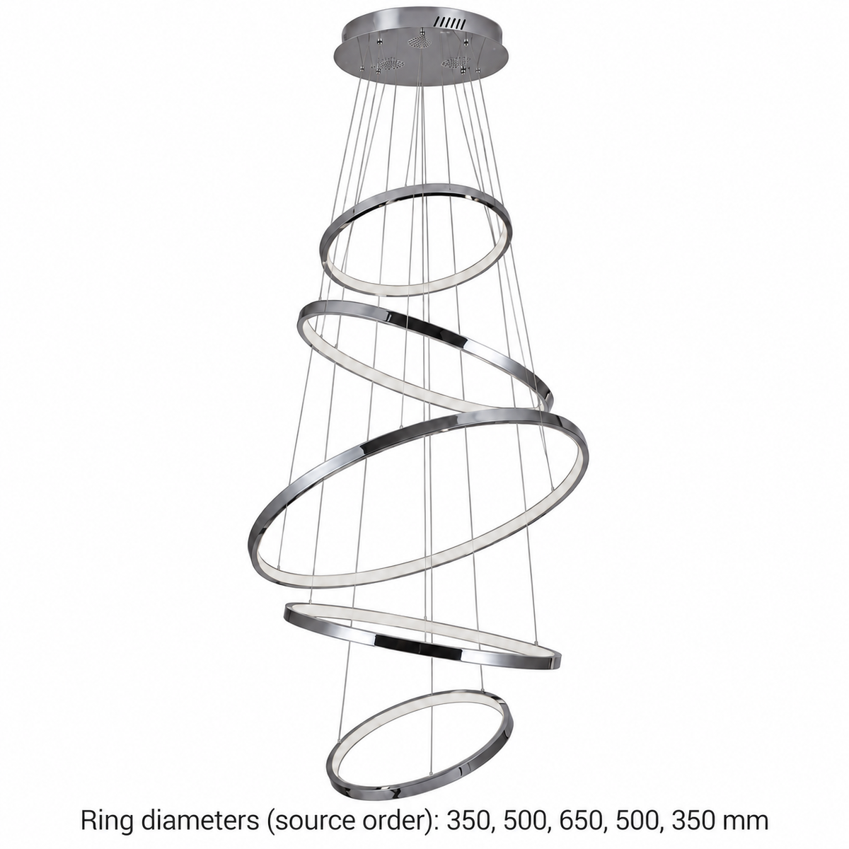 YH-IHKD5130 Chrome Five-Ring Cascade Chandelier dimension view. Five ring diameters, source order: 350 / 500 / 650 / 500 / 350 mm.