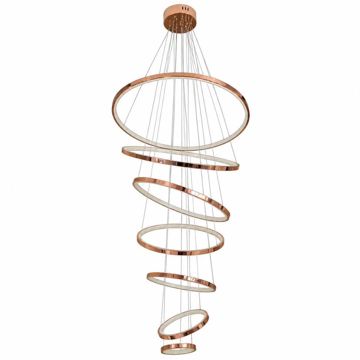 YH21704 Rose-Gold Seven-Ring Cascade Chandelier shown unlit against a studio background.