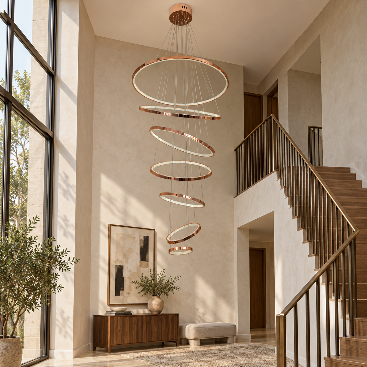 YH21704 Rose-Gold Seven-Ring Cascade Chandelier shown unlit in a daylight interior.