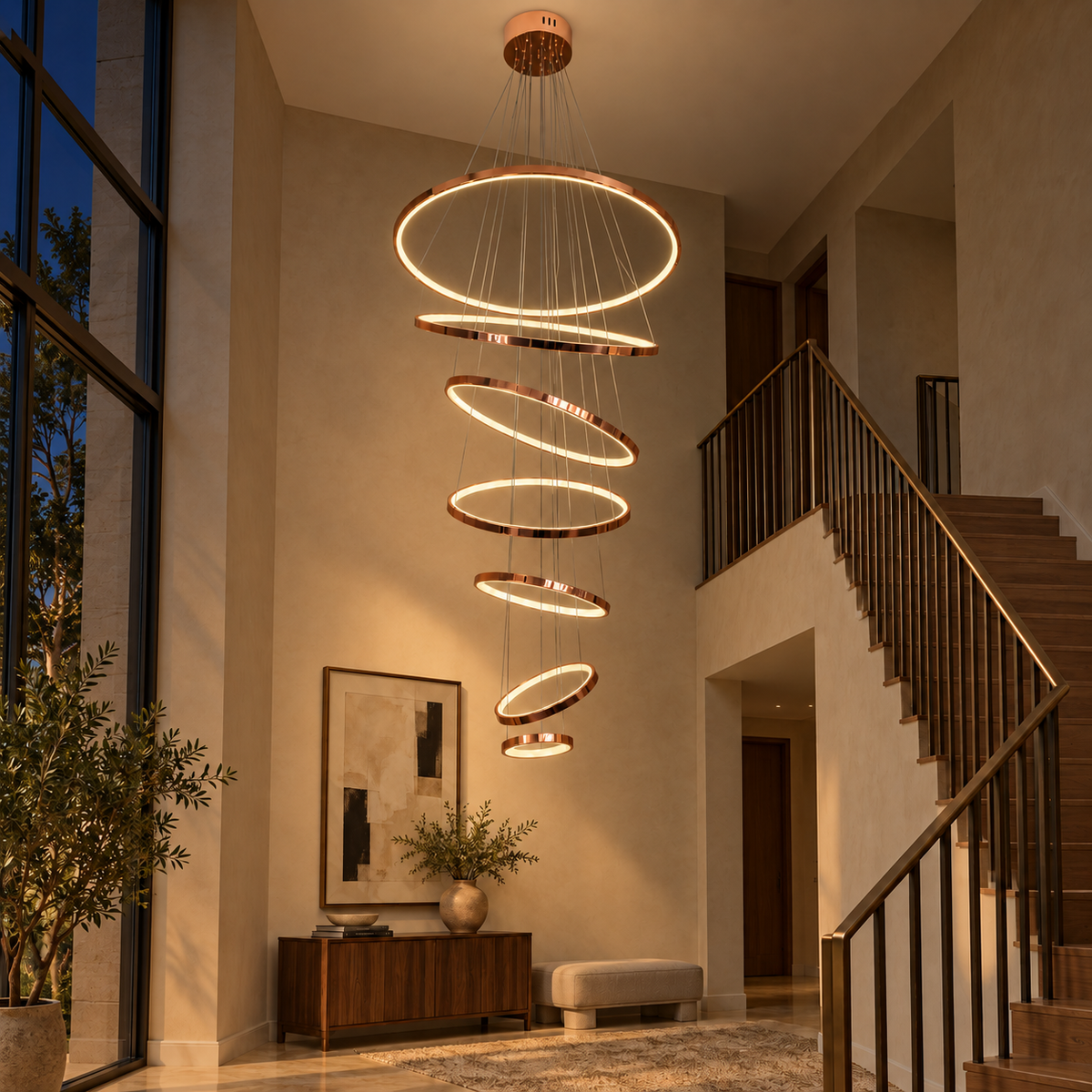 YH21704 Rose-Gold Seven-Ring Cascade Chandelier illuminated in the matching evening interior.