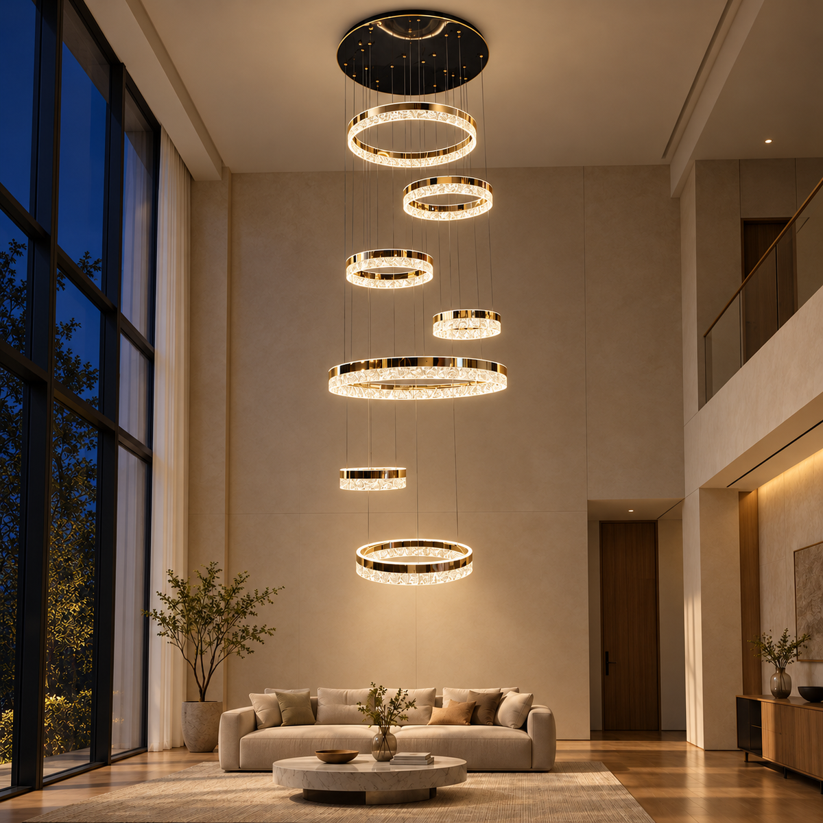 YHD23775-7D--388W-3C seven-ring cascade chandelier illuminated in a night interior.