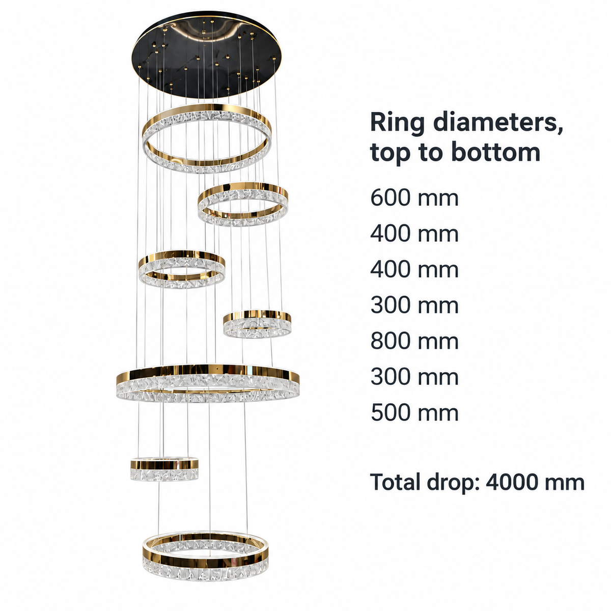 YHD23775-7D--388W-3C dimension view: Ring diameters, in catalogue order: 600, 400, 400, 300, 800, 300 and 500 mm; Total ceiling-to-lowest-ring drop: 4000 mm.