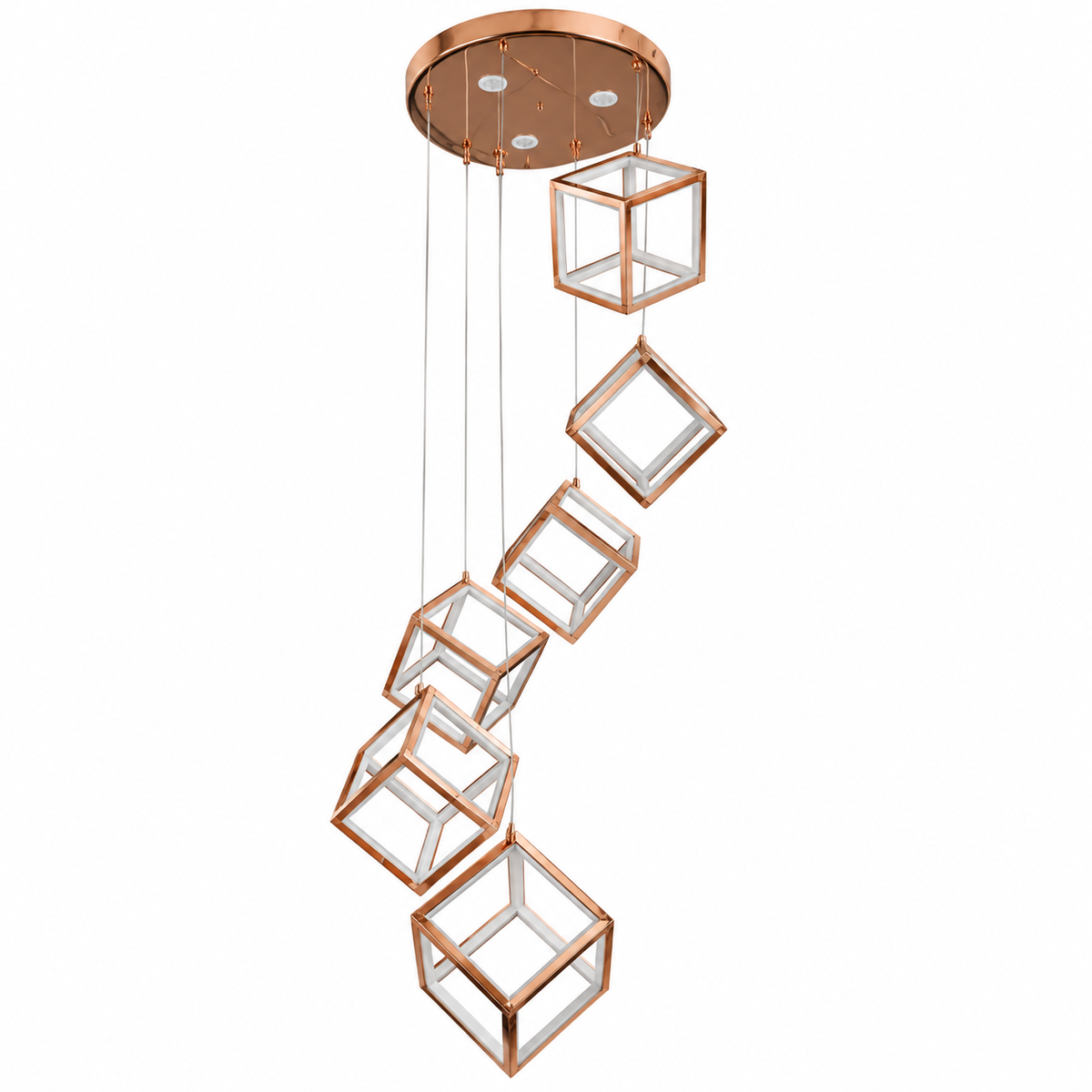 YL16220 Rose-Gold Six-Cube Cascade Chandelier shown unlit against a studio background.