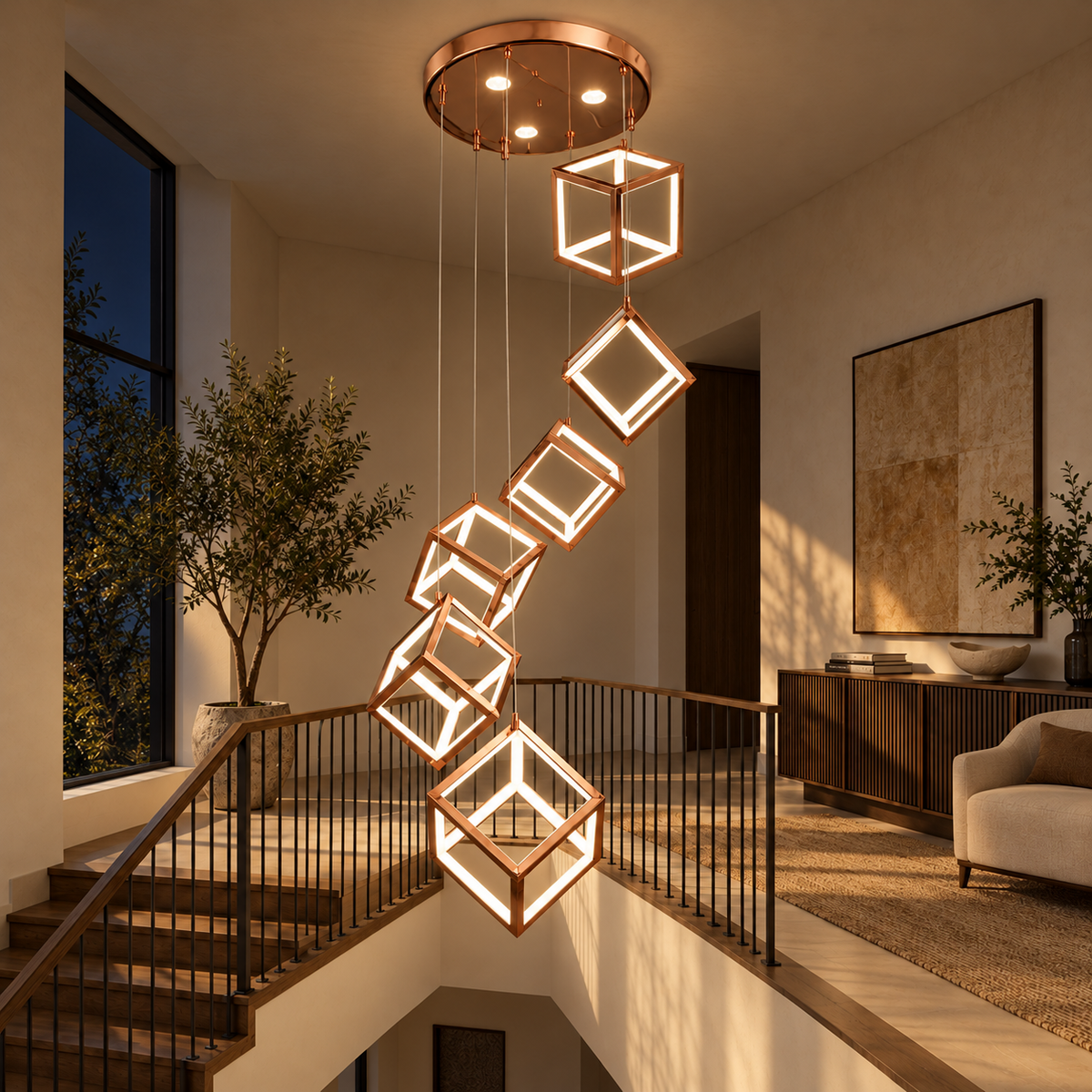 YL16220 Rose-Gold Six-Cube Cascade Chandelier illuminated in the matching evening interior.