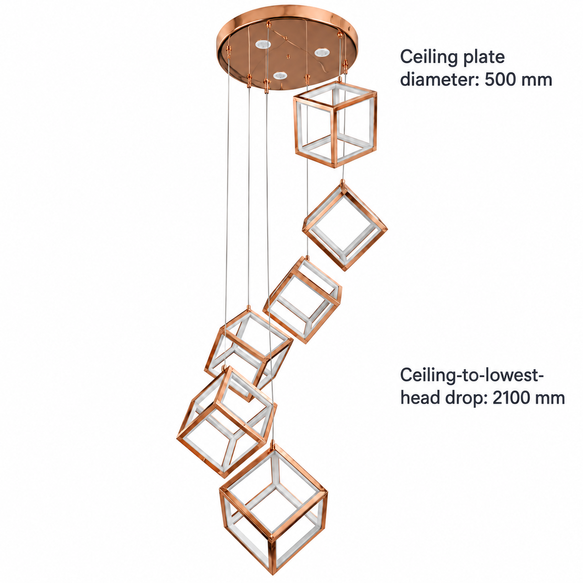 YL16220 Rose-Gold Six-Cube Cascade Chandelier dimension view. Round ceiling plate diameter: 500 mm; Ceiling-to-lowest-head drop: 2100 mm.