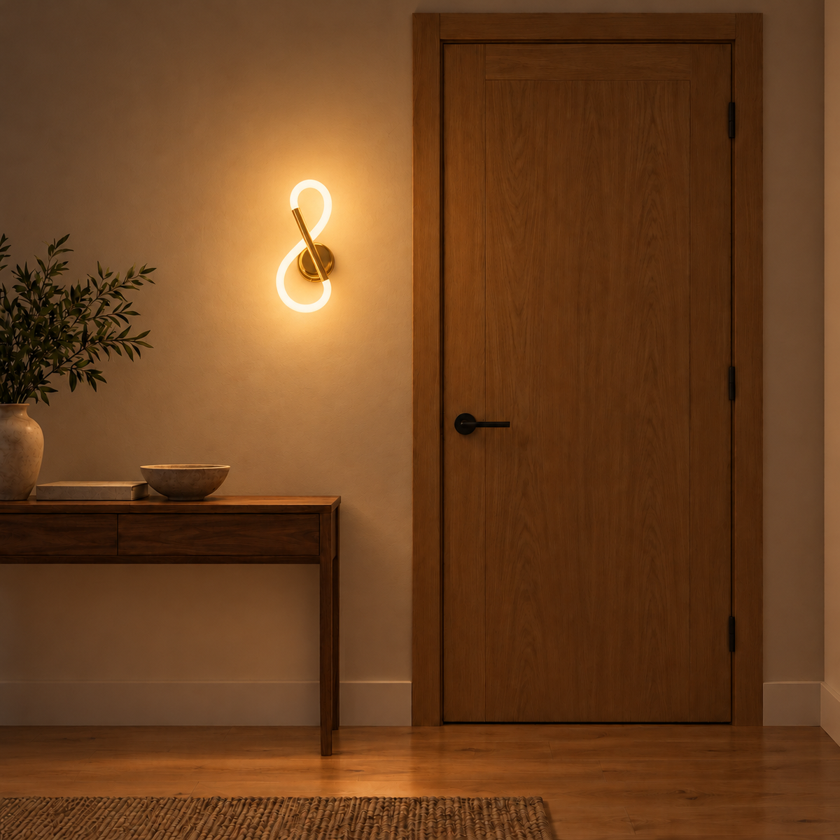 Intertwined Ribbon Loop Wall Light illuminated in a night-time interior setting.