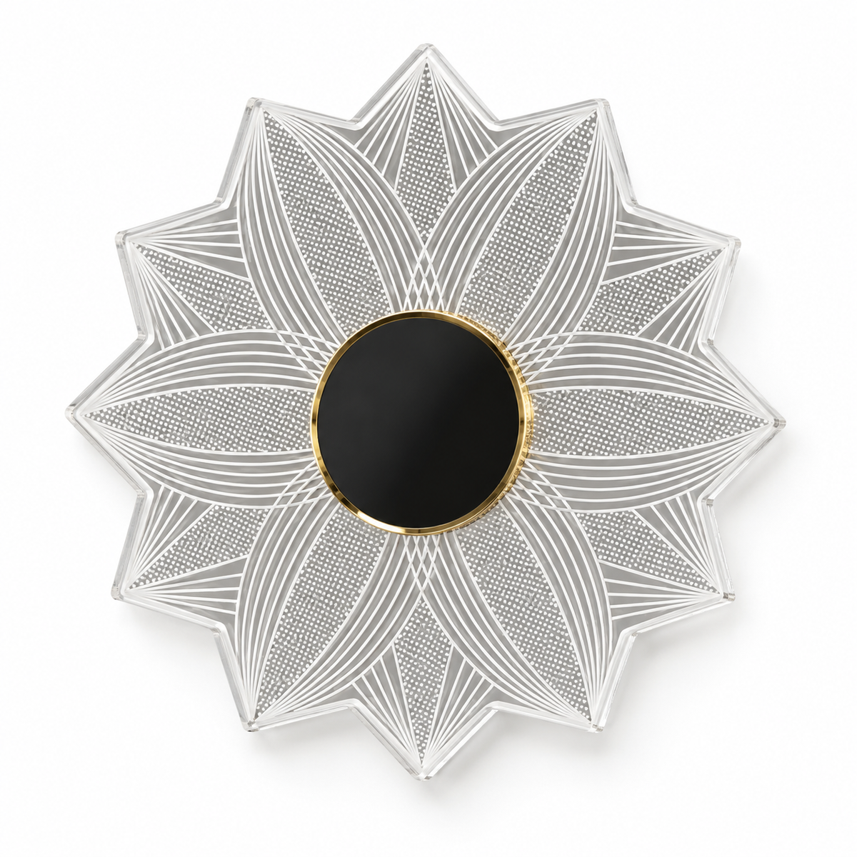 Petal Starburst Acrylic Wall Light with a twelve-point clear acrylic petal pattern and dark gold-rimmed centre, shown switched off against a white background