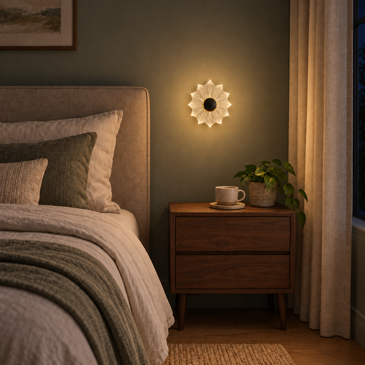 Petal Starburst Acrylic Wall Light illuminated in a night-time interior