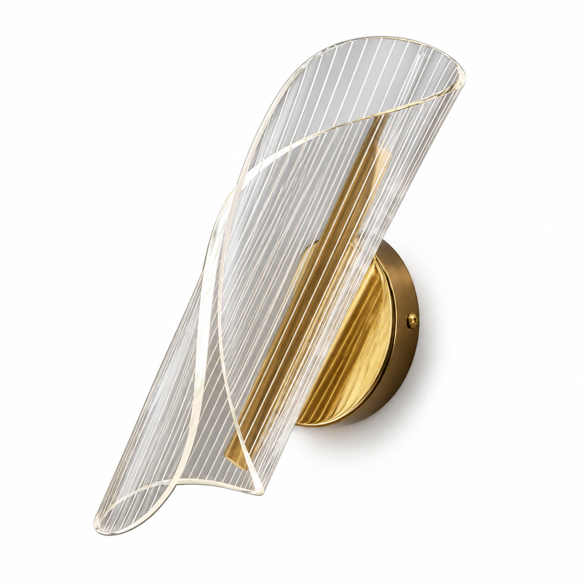 Striped Acrylic Ribbon Wall Light with a diagonally curled striped acrylic ribbon and gold-tone round backplate, shown switched off against a white background