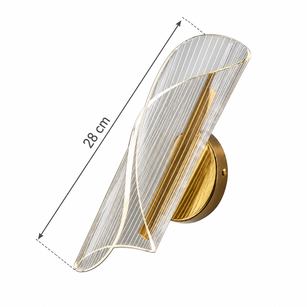 Striped Acrylic Ribbon Wall Light dimension guide showing acrylic tip-to-tip length 28 cm along the diagonal from one acrylic extreme to the opposite tip