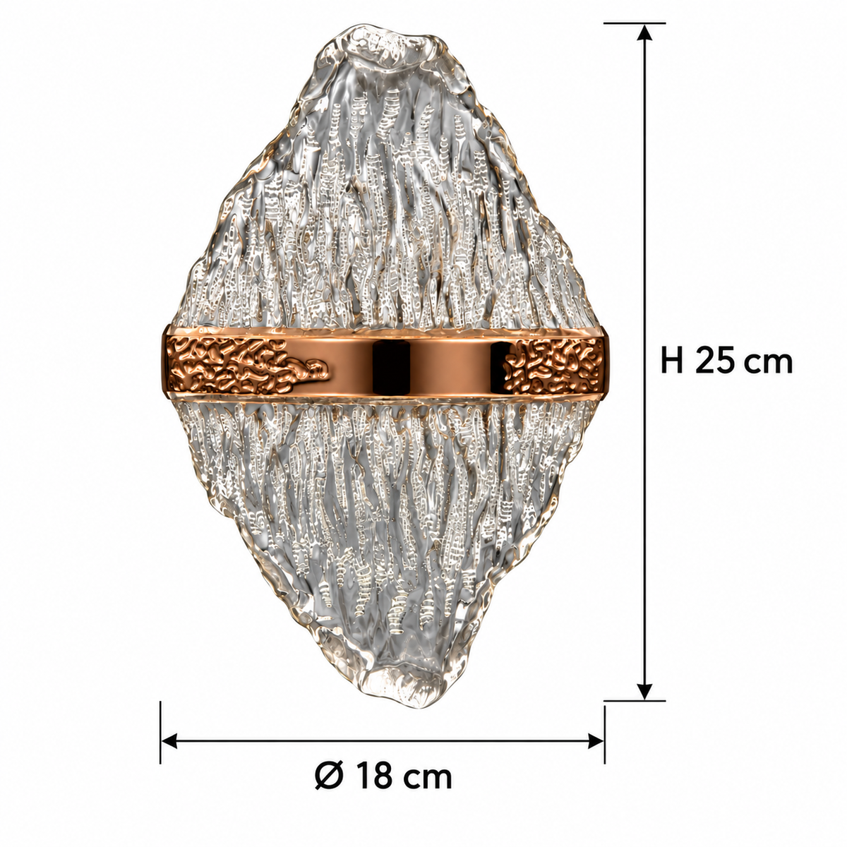 Rippling acrylic wall light showing 18 cm diameter and 25 cm overall height