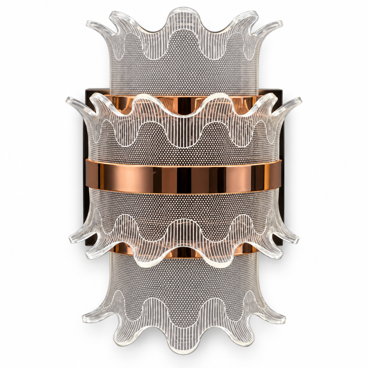 Scalloped Tier Acrylic Wall Light with layered clear scalloped acrylic panels and rose-gold-tone bands, shown switched off against a white background