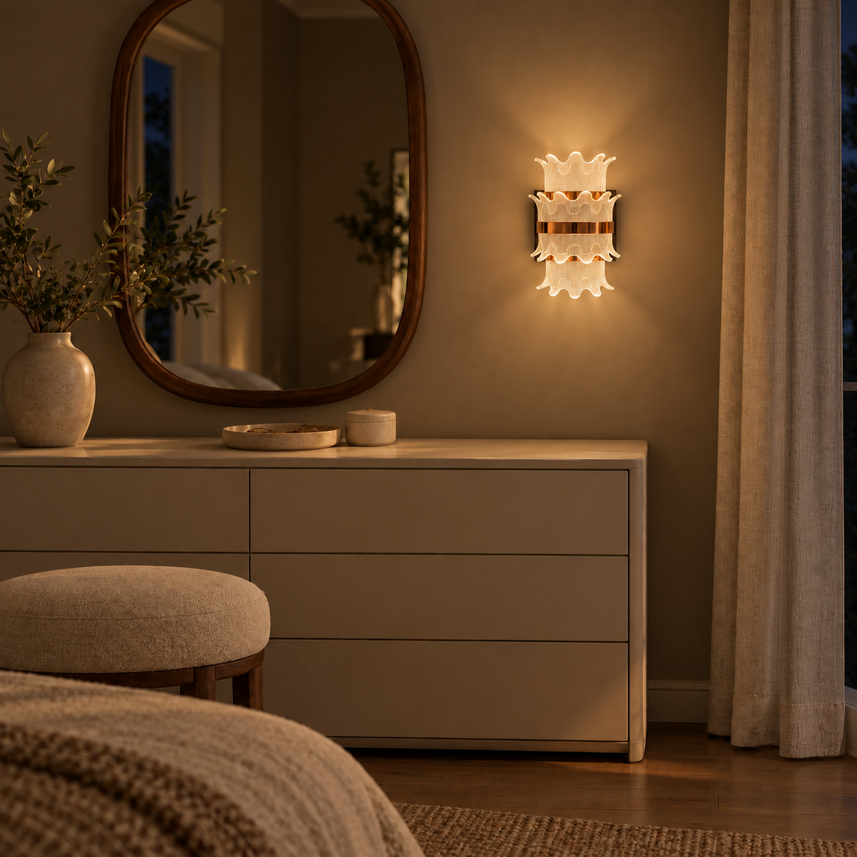Scalloped Tier Acrylic Wall Light illuminated in a night-time interior