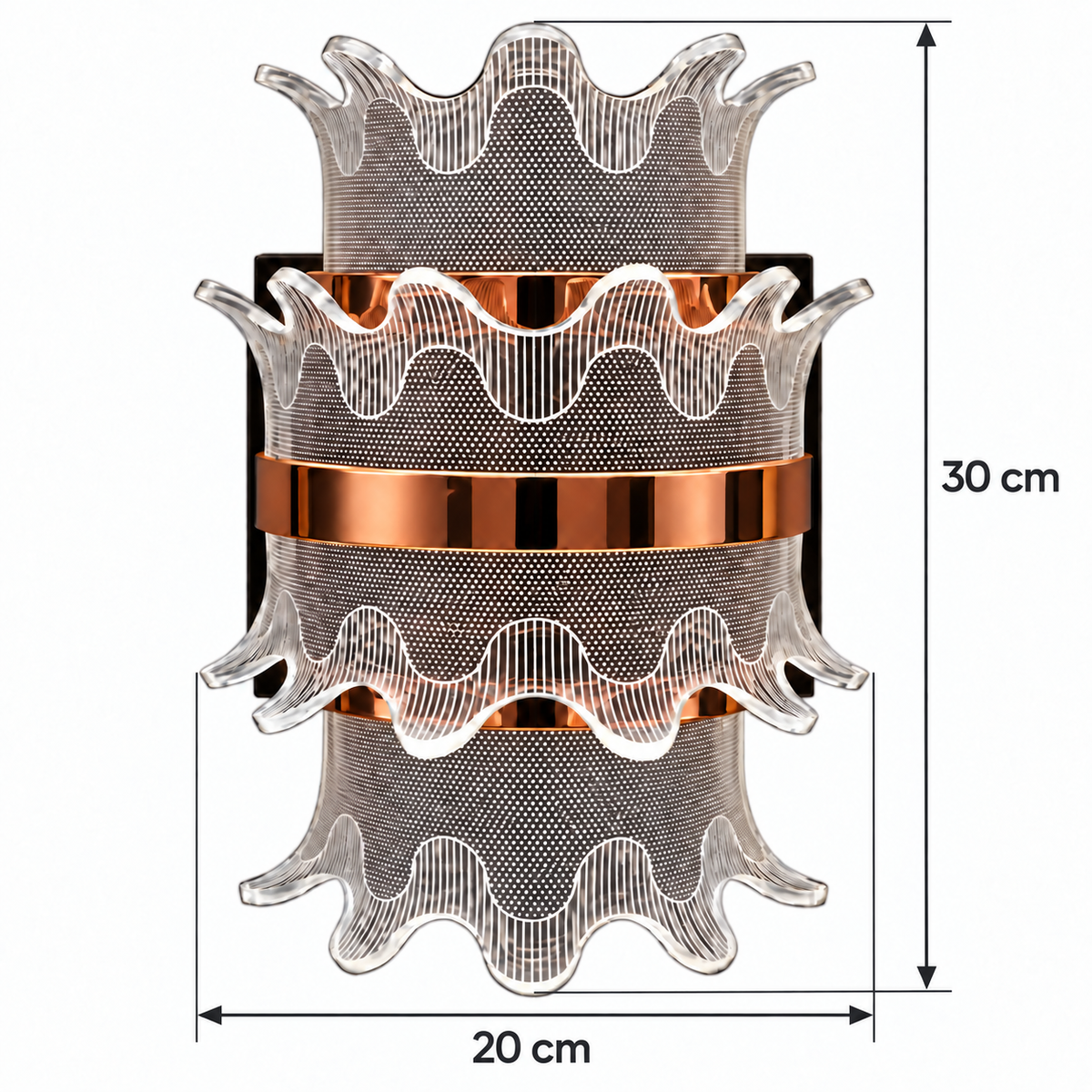 Scalloped Tier Acrylic Wall Light dimension guide showing overall width 20 cm; overall height 30 cm