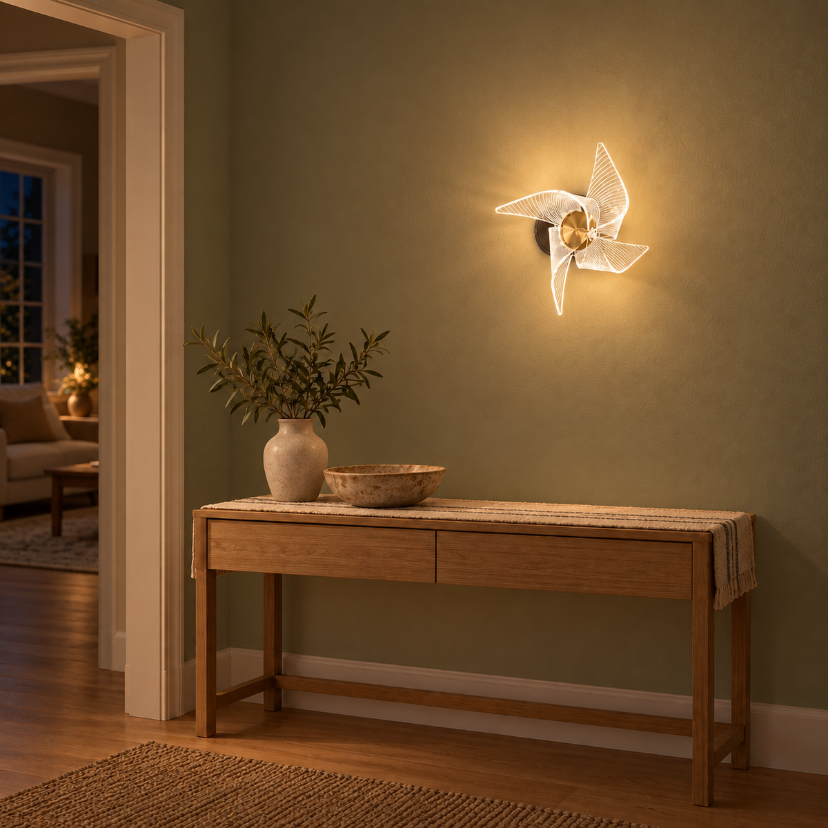Pinwheel Acrylic Accent Wall Light illuminated in a night-time interior