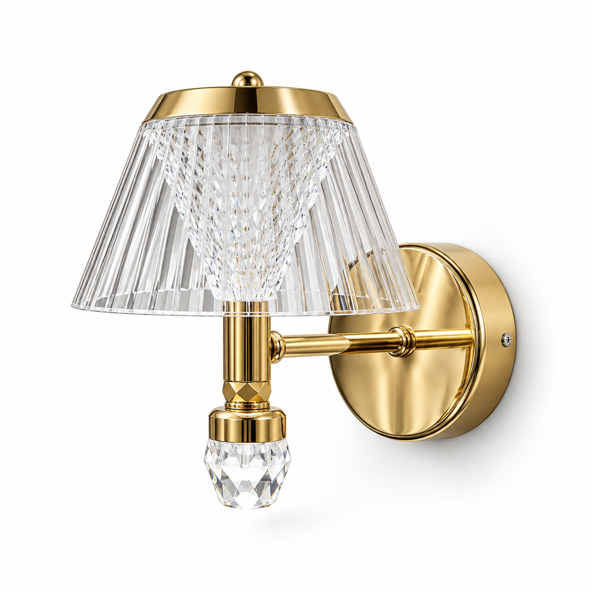 Fluted Acrylic Crystal Drop Wall Light with a clear fluted acrylic shade, gold-tone details and a small bottom crystal, shown switched off against a white background