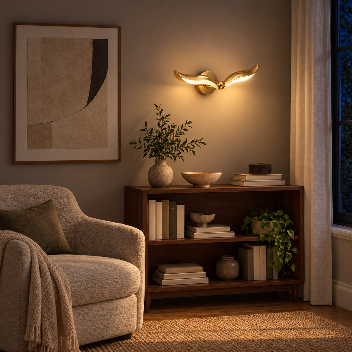 Swept Wing Acrylic Wall Light illuminated above a wooden bookcase beside a cream armchair in the same living room at night