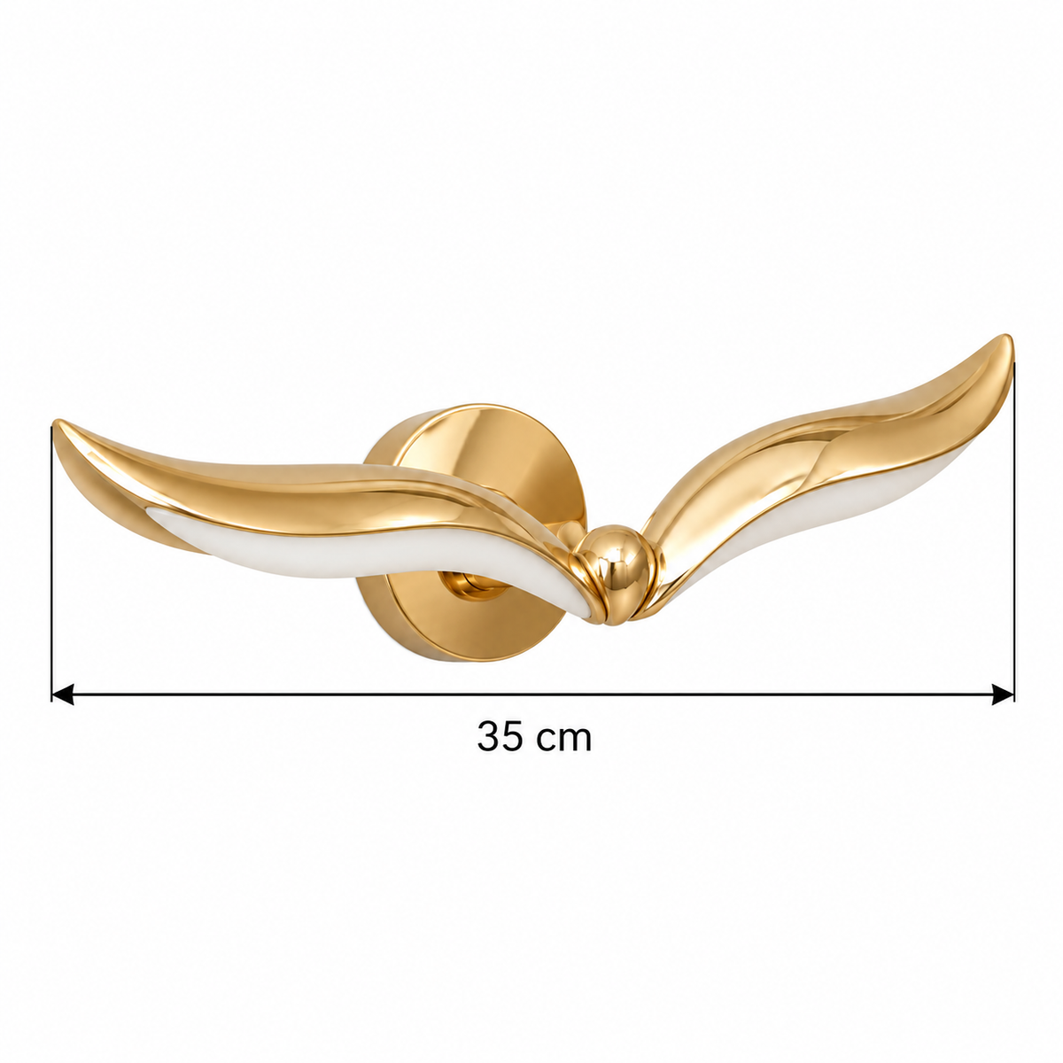 Swept Wing Acrylic Wall Light dimension guide showing a 35 cm span between the two outer wingtips