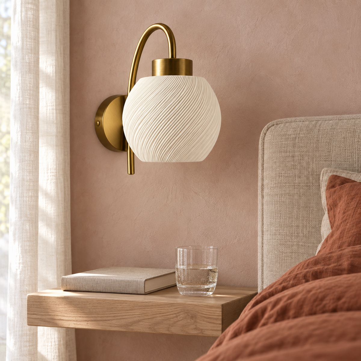 Textured White Globe Wall Light in bedroom by day