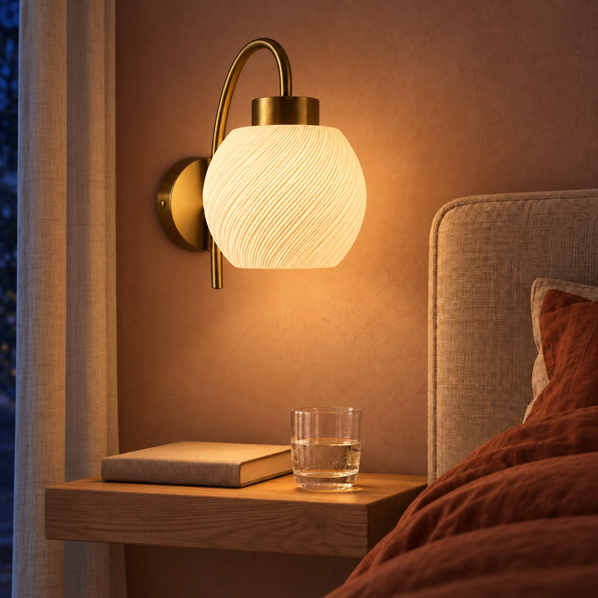 Textured White Globe Wall Light in bedroom at night