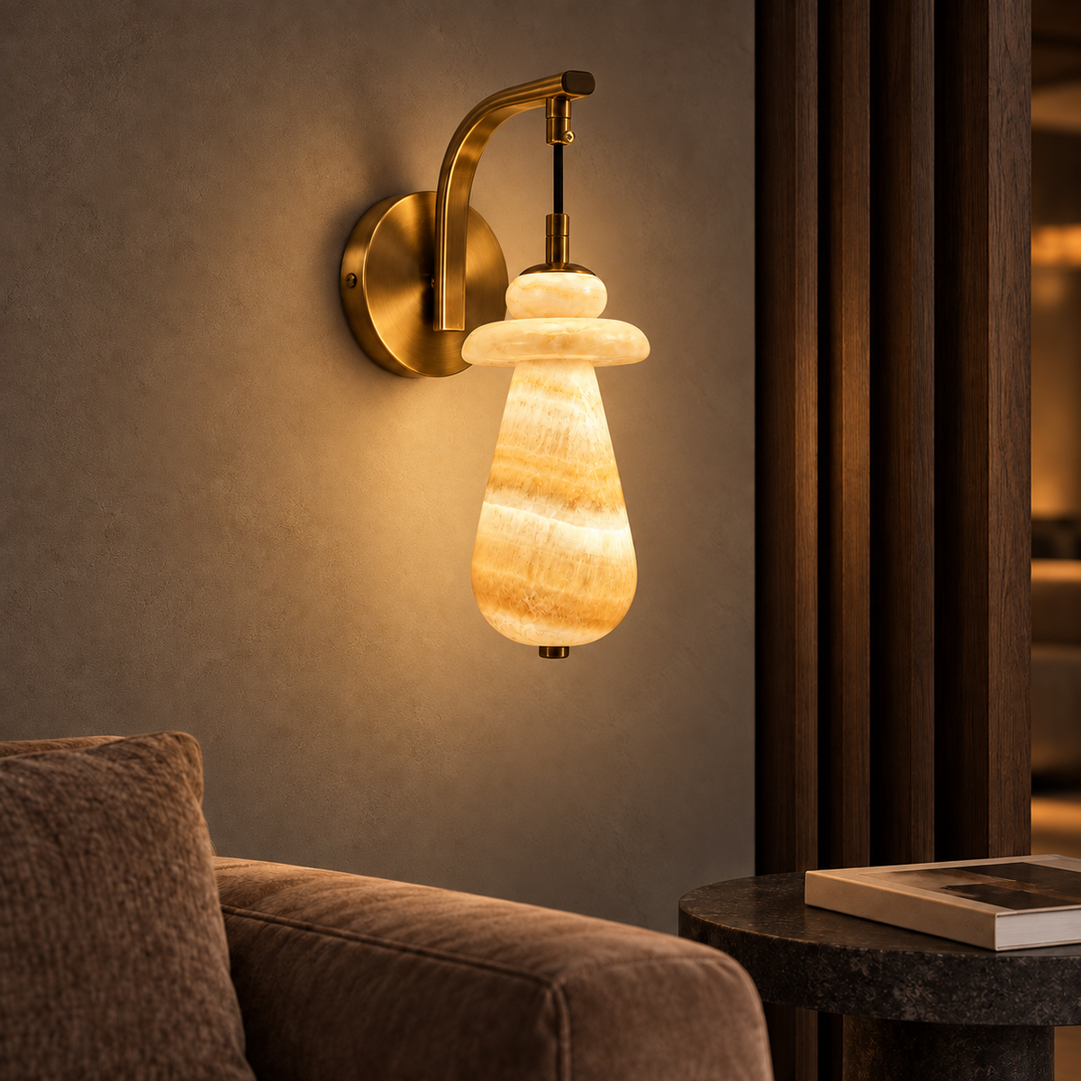 Marble Drop Wall Light illuminated in a contemporary interior at night