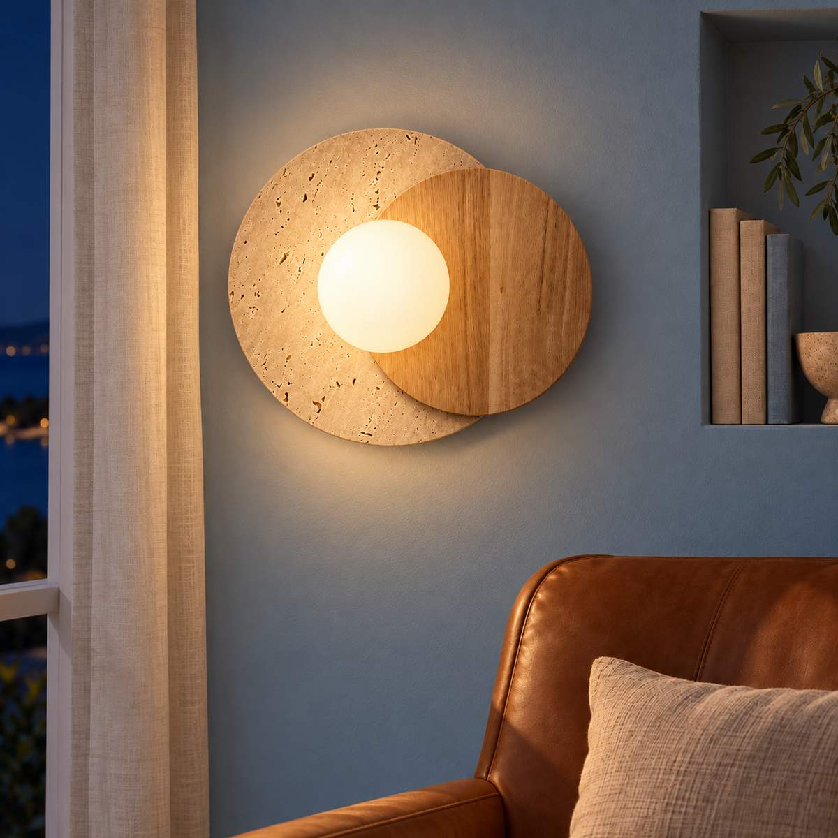 Marble and wood globe wall light illuminated in a contemporary interior at night