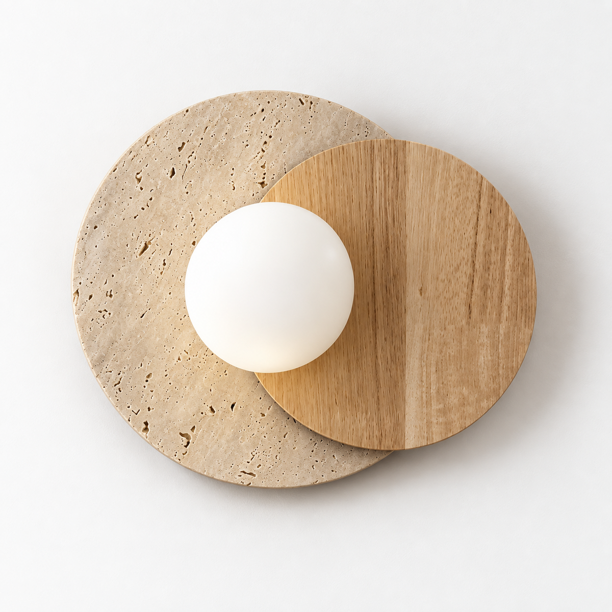 Marble and wood globe wall light on white background