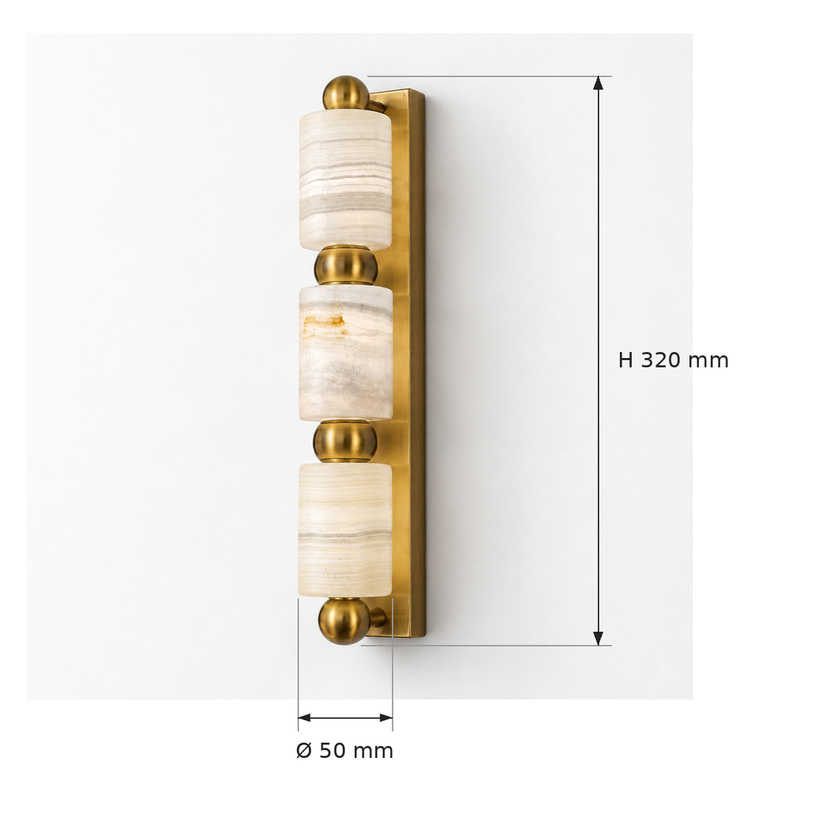 Three-cylinder marble wall light dimensions, 320 mm high and 50 mm diameter
