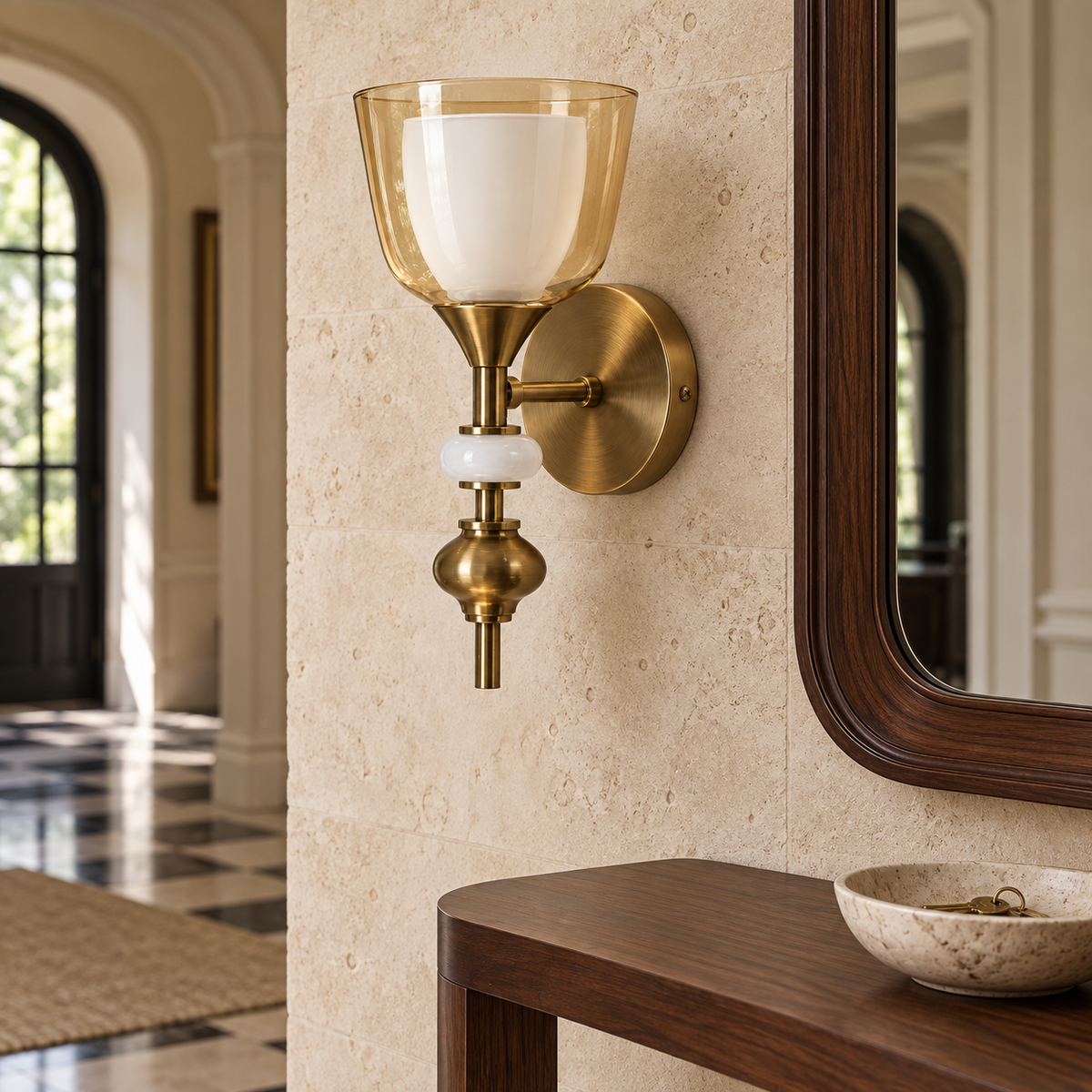 Amber Double Glass Wall Light in hallway by day